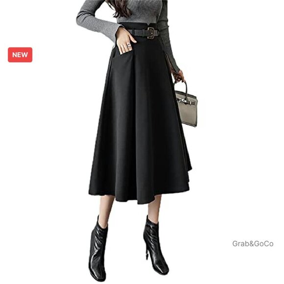 Wool Midi Skirt High Waisted A-Line Pleated Belted Elegant Fall Winter - Picture 2 of 8